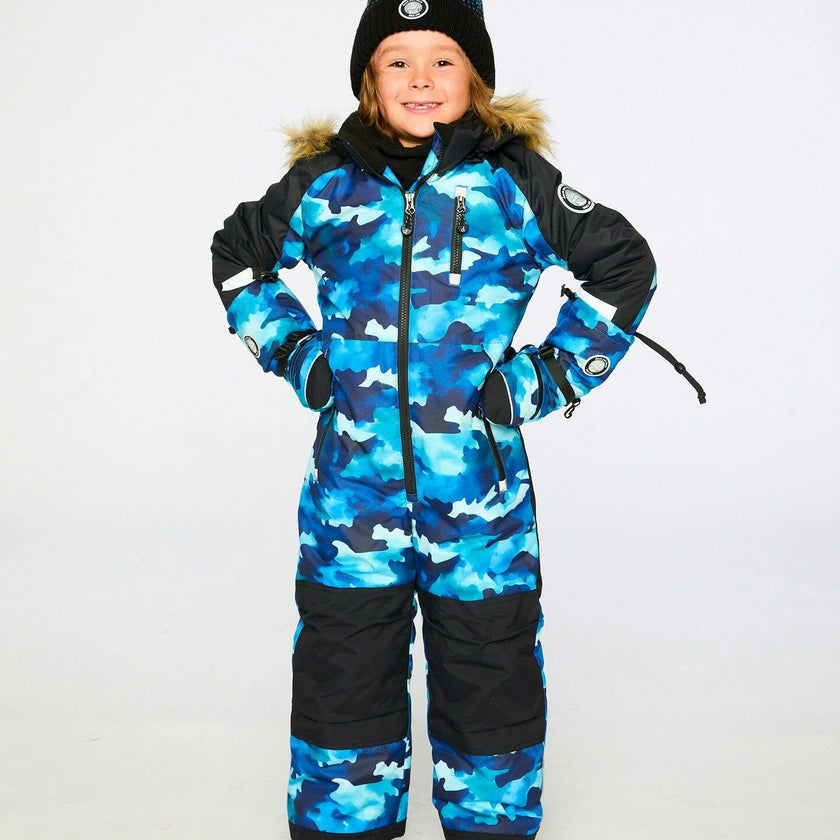 One-Piece Play Snowsuit Teal Blue Camouflage