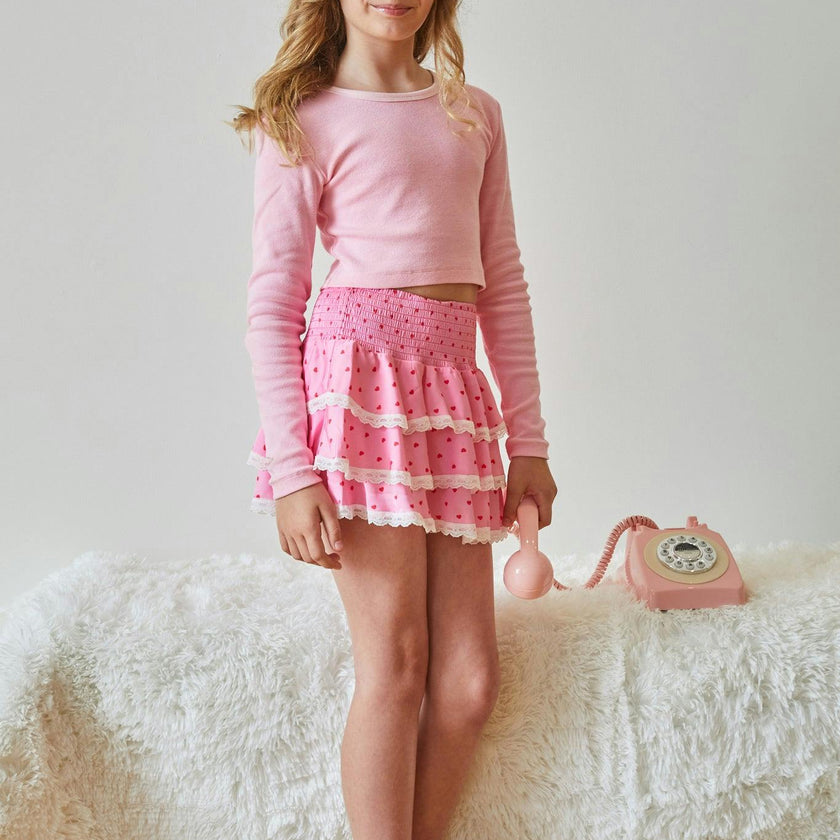 Gemma Pink with Red Hearts Ruffle Mini Skirt