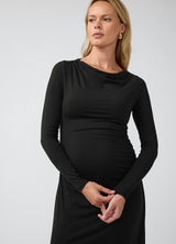 Ruched Long Sleeve Mock Neck Maternity Midi Dress
