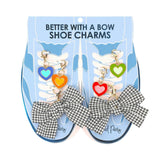 Packed Party Plaid Bows and Rainbow Hearts Shoe Charm Set 6pc - Gingham Bow and Enamel Heart Charms with Lobster Clips for Sneakers, 2.75x3.3 Inch