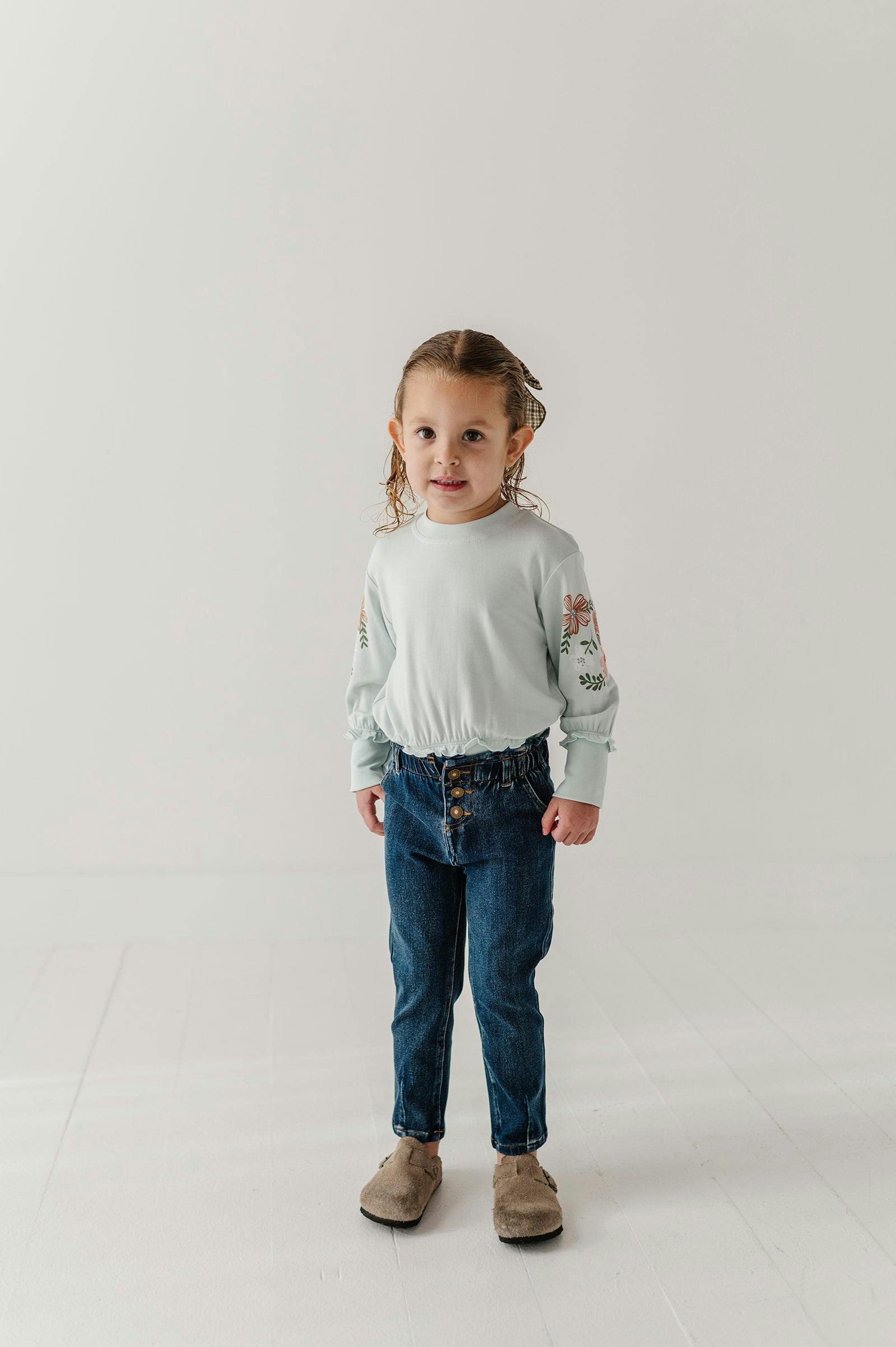 Girls Paperbag Denim Pants in Dark Blue Wash
