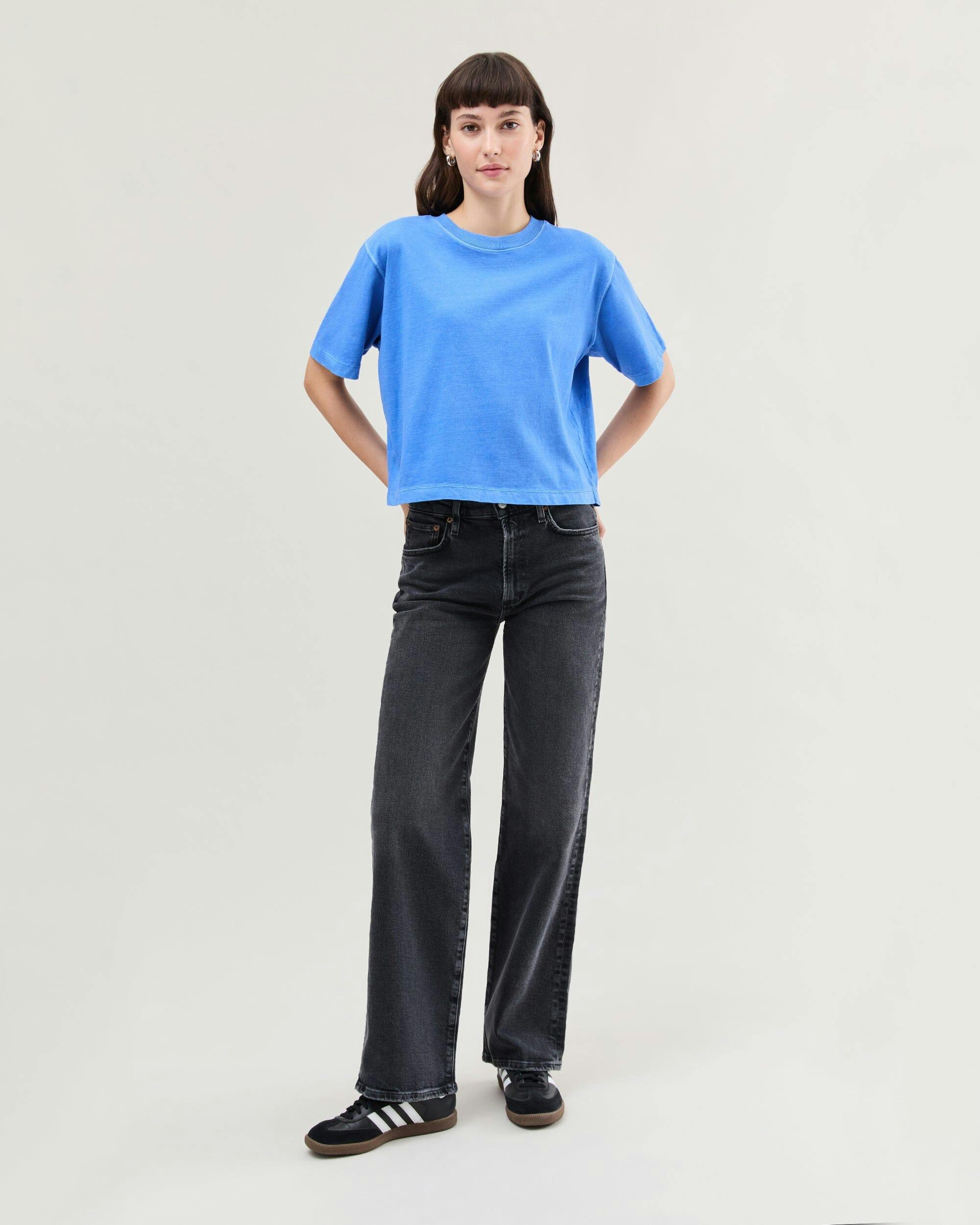 Womens Relaxed Crop Tee - Pigment Dye Jersey - Pop Blue