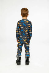 One Piece Thermal Underwear Grey and Blue Dinosaur Print