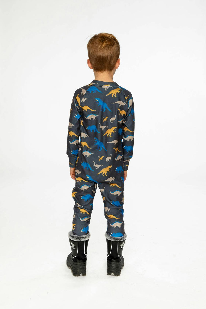 One Piece Thermal Underwear Grey and Blue Dinosaur Print