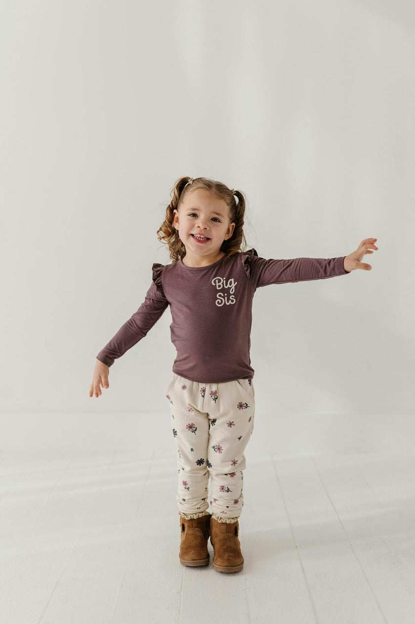 Girls Long Sleeve Ruffle Top in Big Sis in Plum