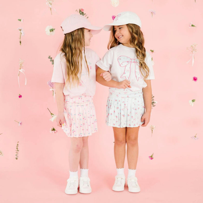 Sky Blue Floral Bow Patch Short Sleeve T-Shirt - White