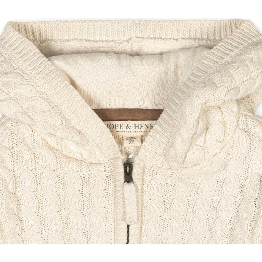 Organic Long Sleeve Full Zip Hooded Sweater with Elbow Patches, White