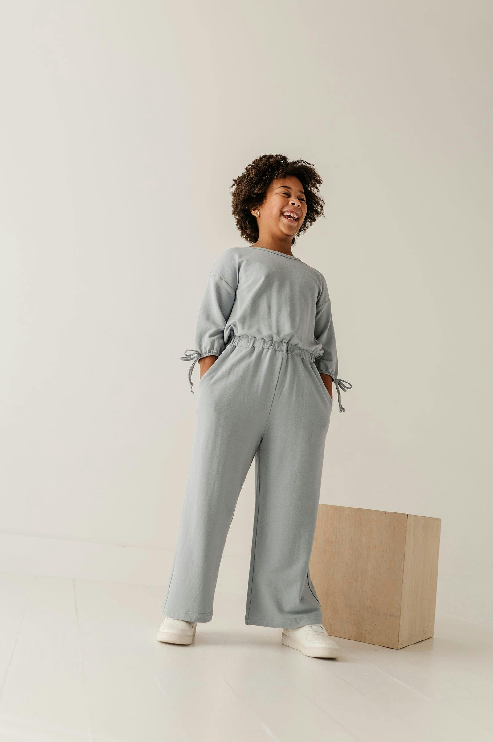 Girls Drop Shoulder Blouson Knit Jumpsuit in Rose Cloud