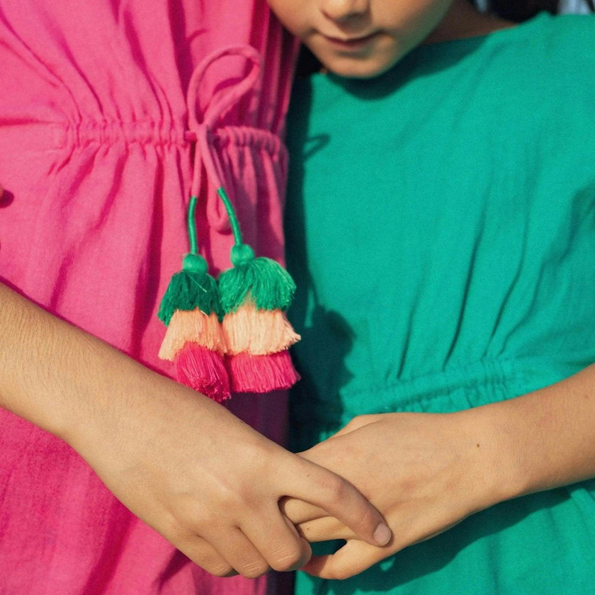 Girl's kaftan with pompoms, fuschia | LEA