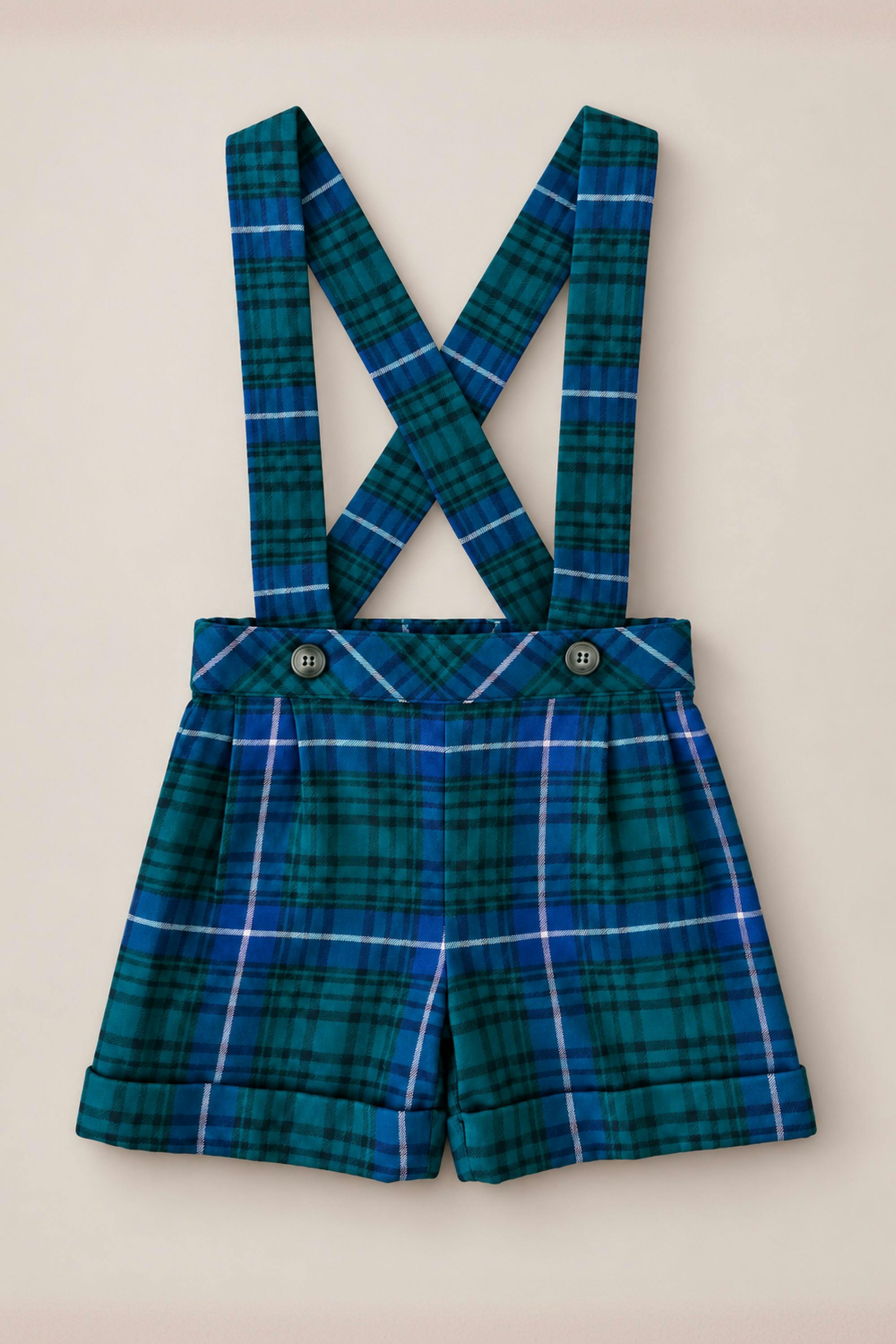 Boys Charles Suspender Shorts in Emerald Plaid