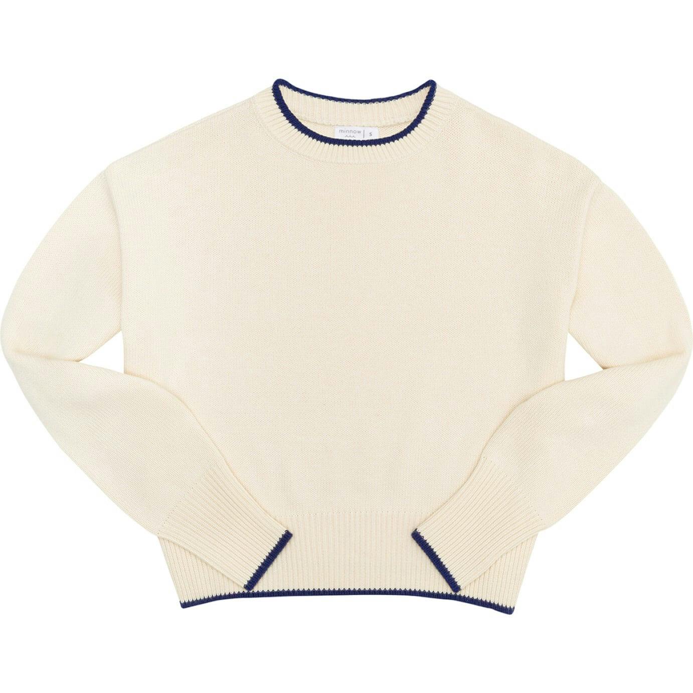 Women's Cropped Cream Sweater With Navy Trim