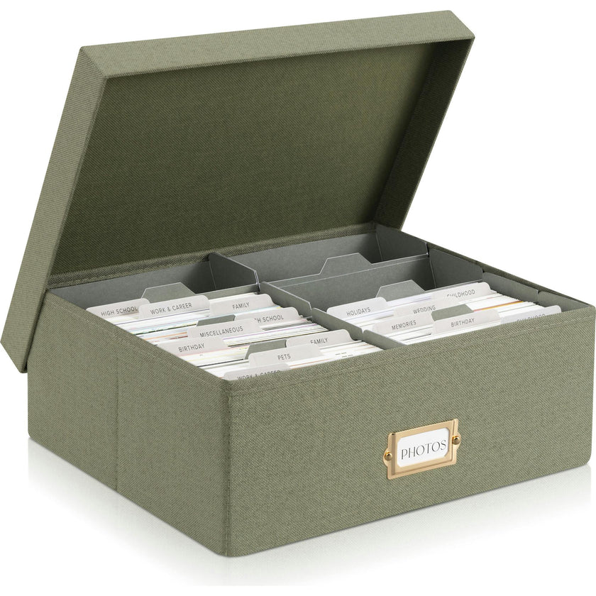 Decorative Photo Storage Box - Sturdy Linen Photo Organizer with Dividers - Stores Up to 850 4x6 Photos - Portable Scrapbook Storage Container with Lid