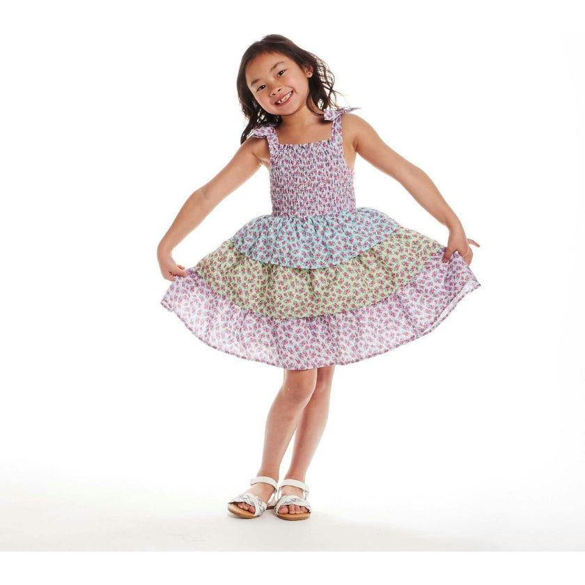 Kids Color Blocked Floral Tiered Dress