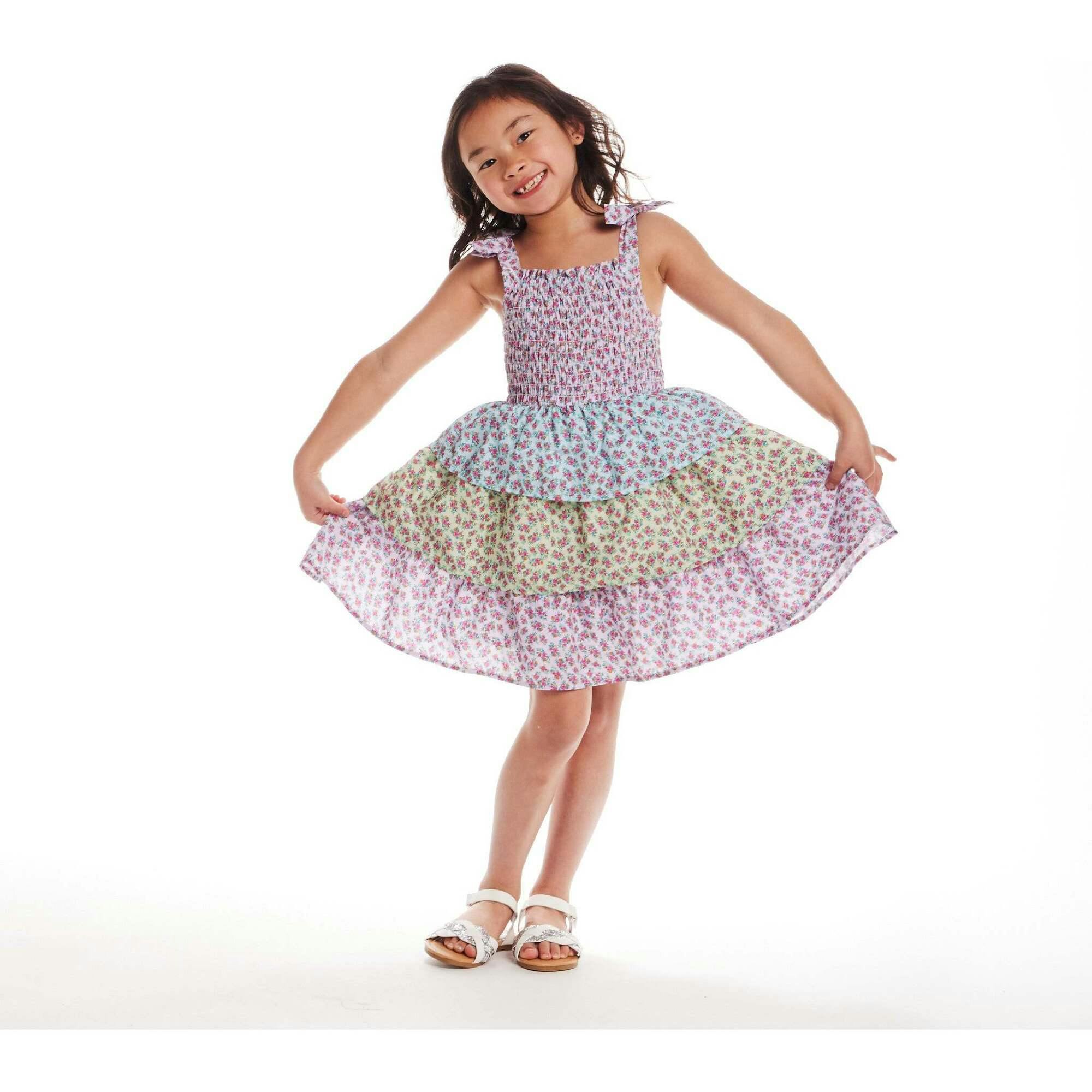 Kids Color Blocked Floral Tiered Dress