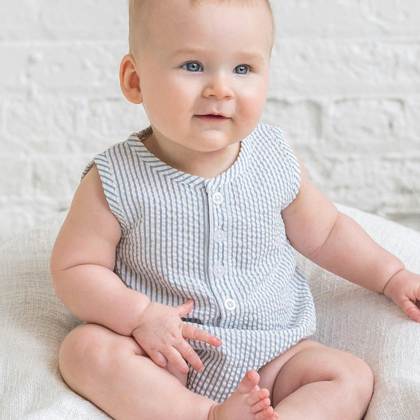 Wren Seersucker Bubble Romper - Shore Stripe / Sea