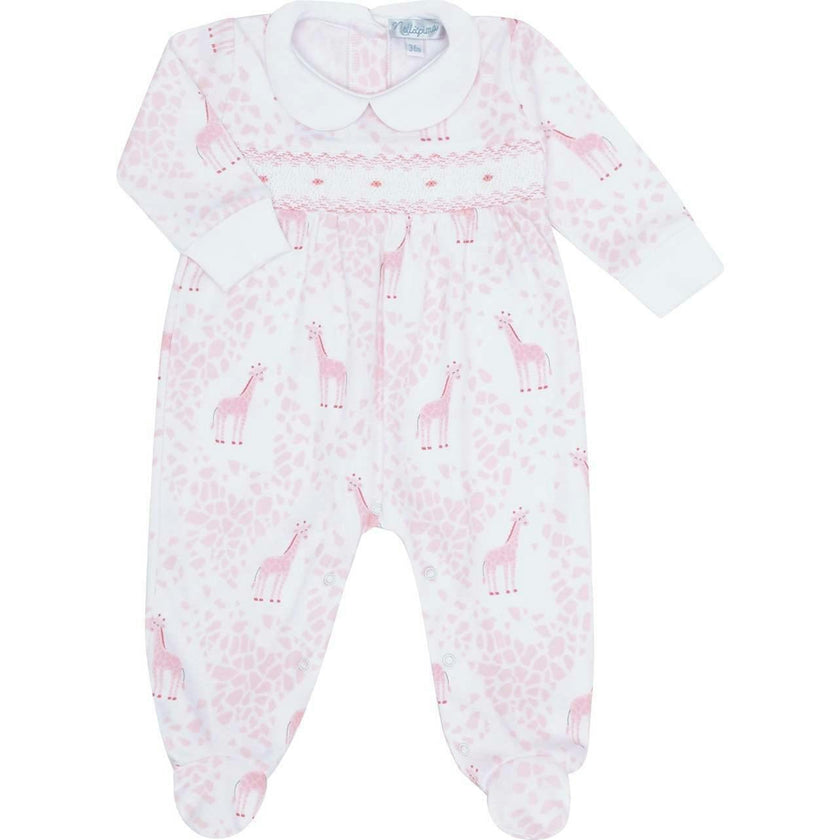 Pink Giraffe Print Smocked Footie