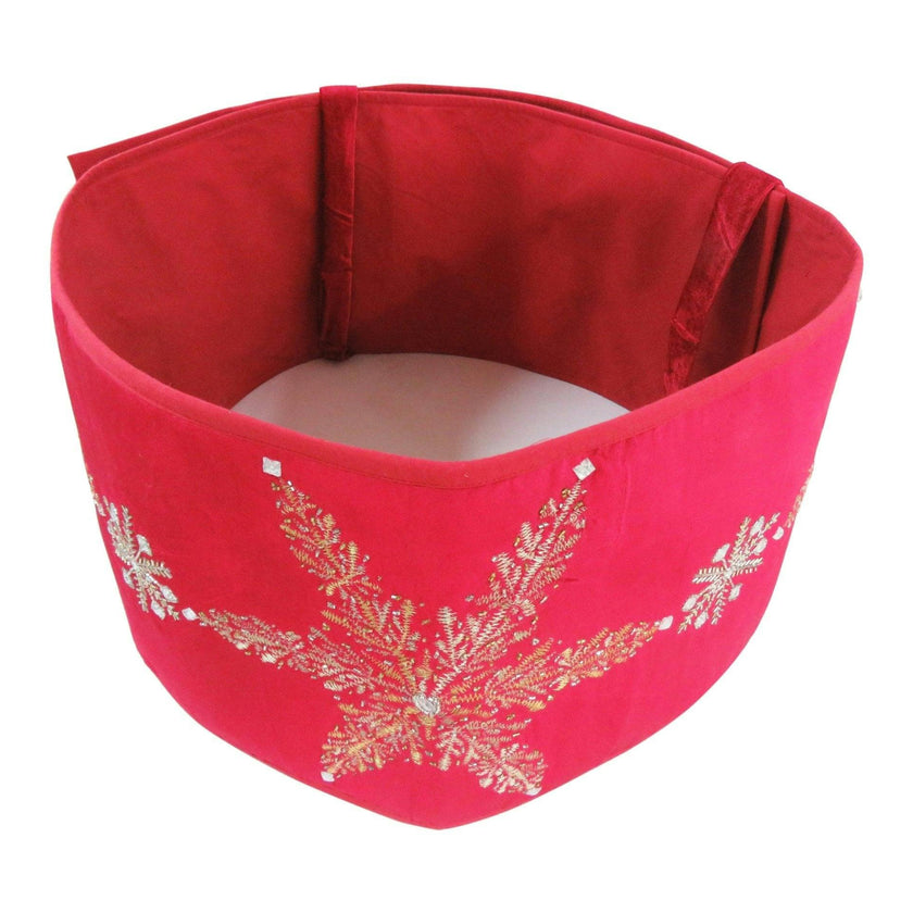 Handmade Adjustable Christmas Tree Collar - Silver Snowflakes Red Velvet Arcadia Home