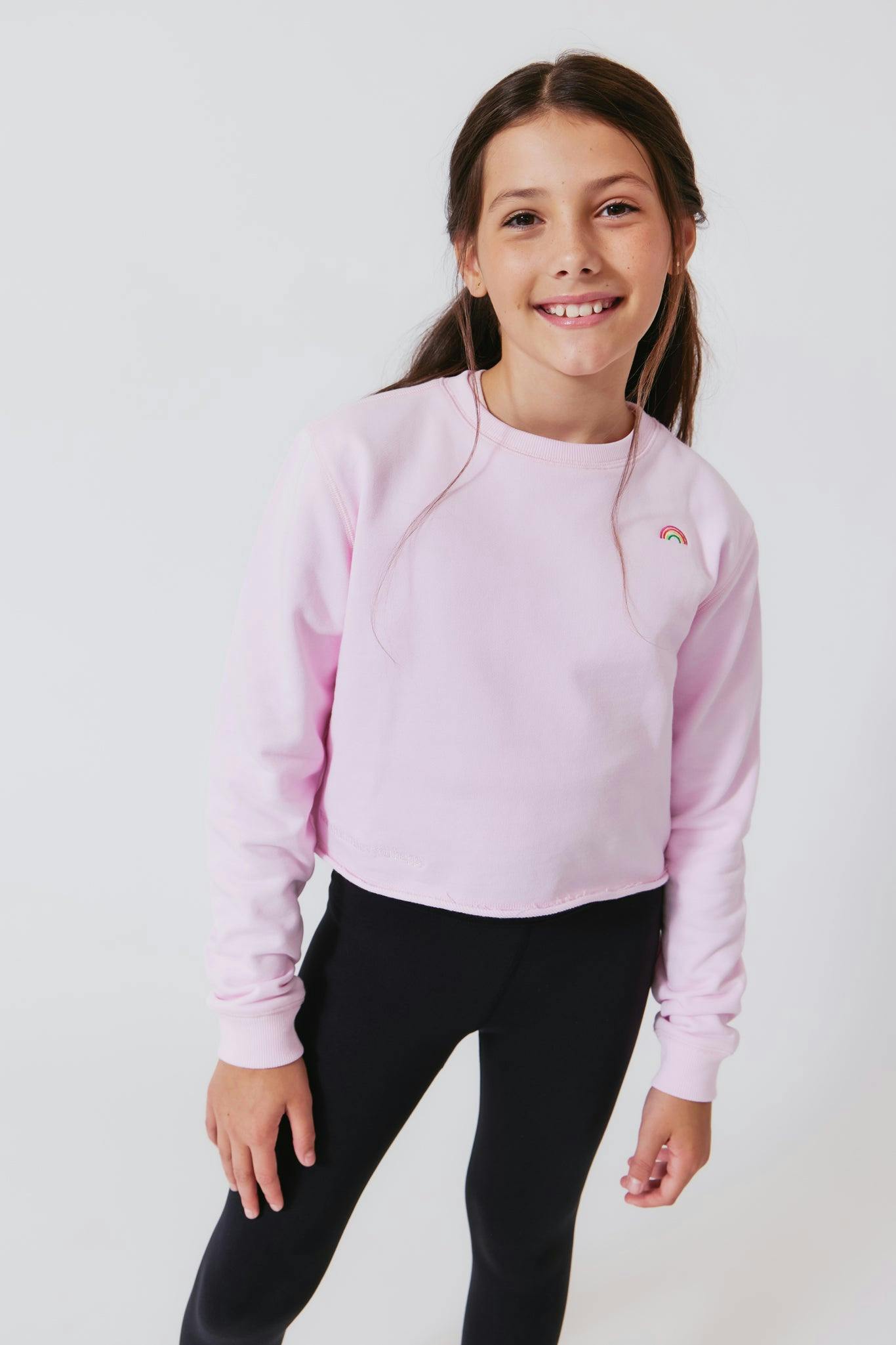 Girls Raw Hem Crew Neck Long Sleeve Crop Sweatshirts