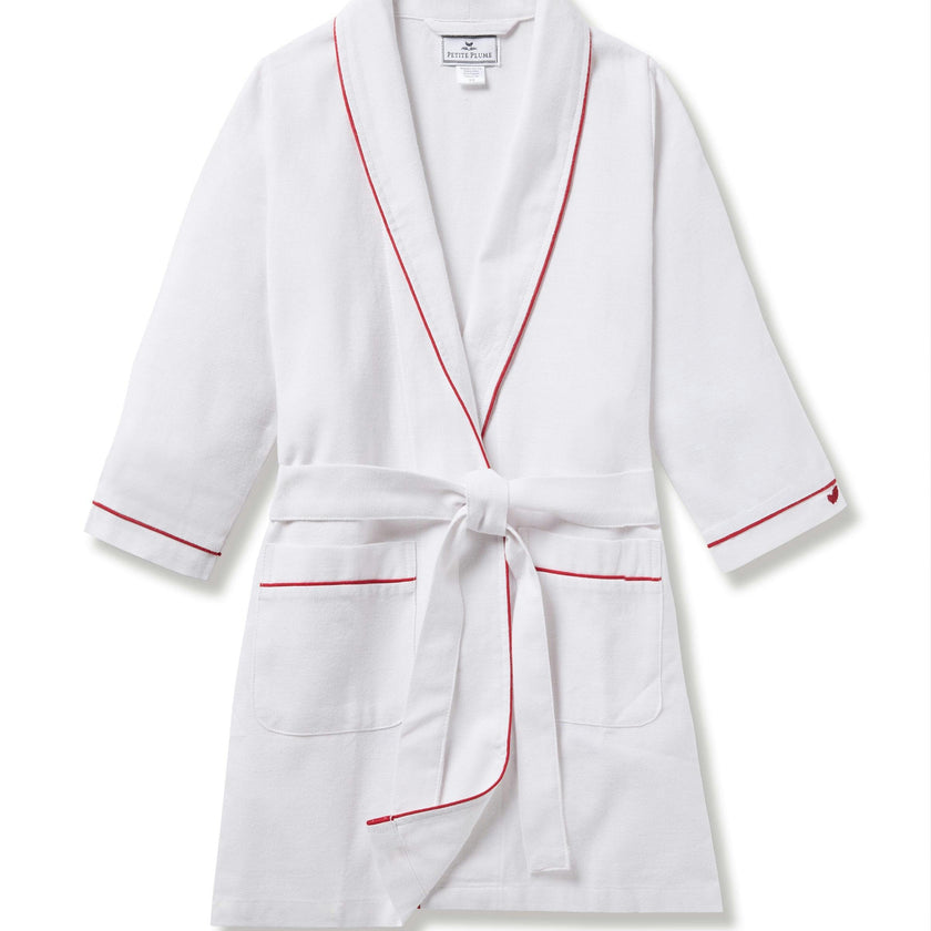 Kid's Flannel Robe in White with Red Piping