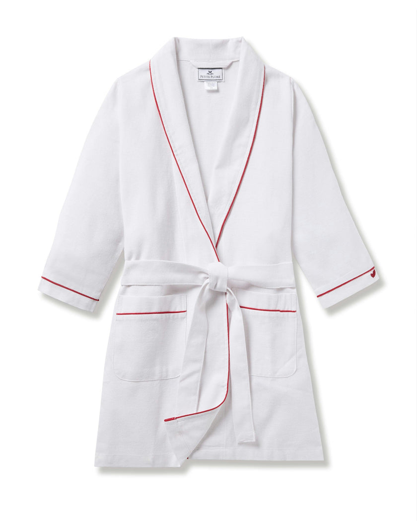Kid's Flannel Robe in White with Red Piping