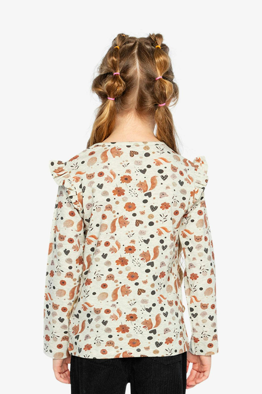 Long Sleeve Organic Cotton T-Shirt Beige With Squirrel Print
