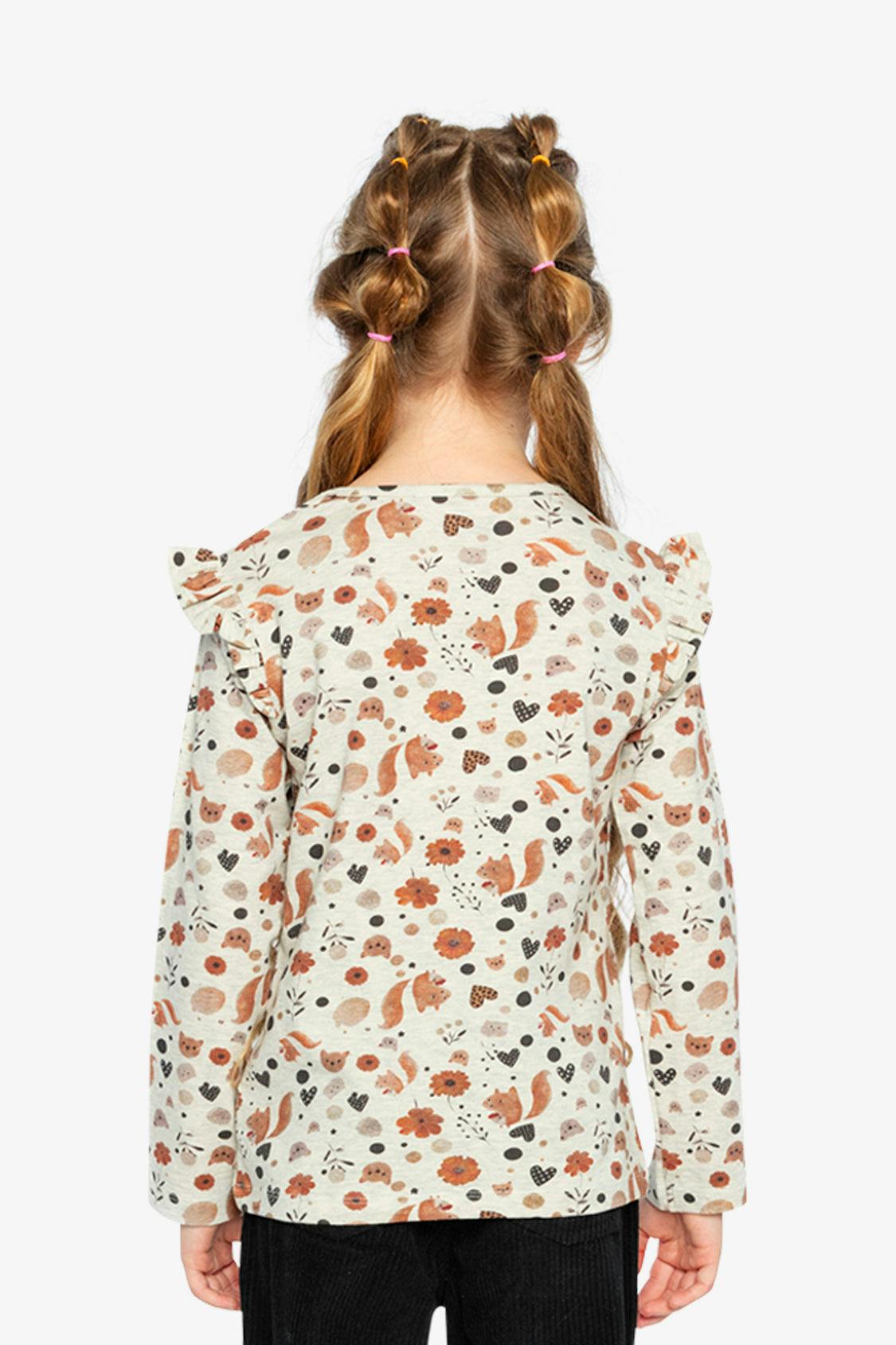 Long Sleeve Organic Cotton T-Shirt Beige With Squirrel Print