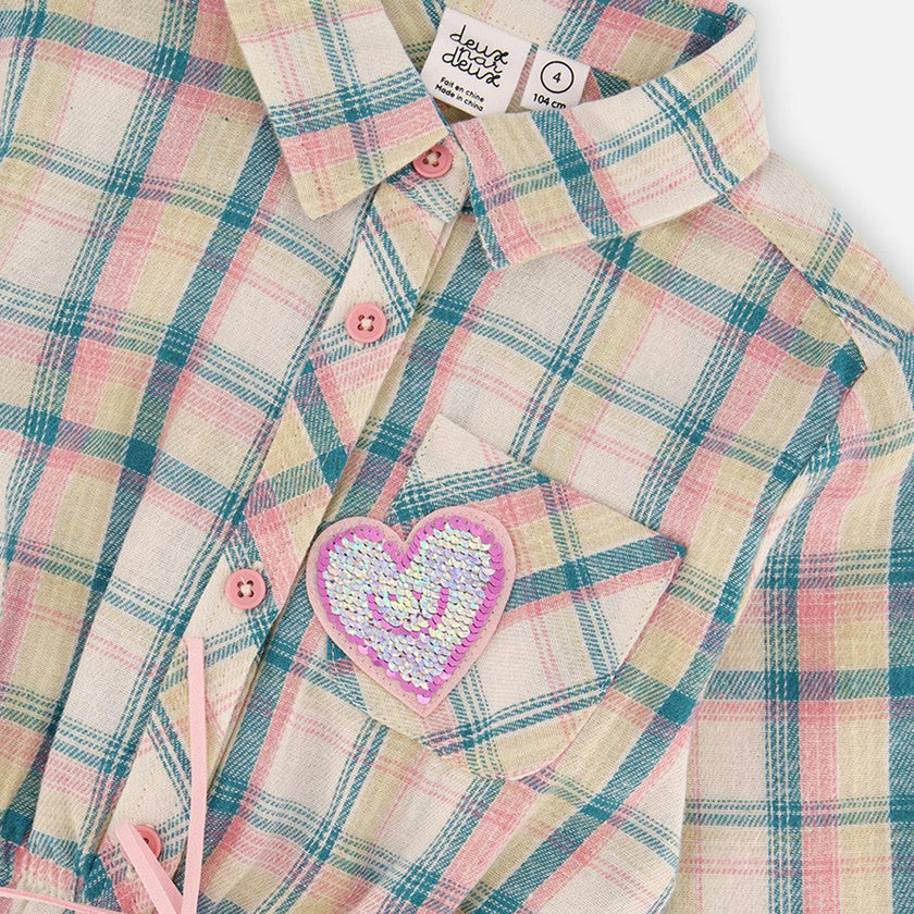 Shirt Dress with Belt Green and Pink Plaid