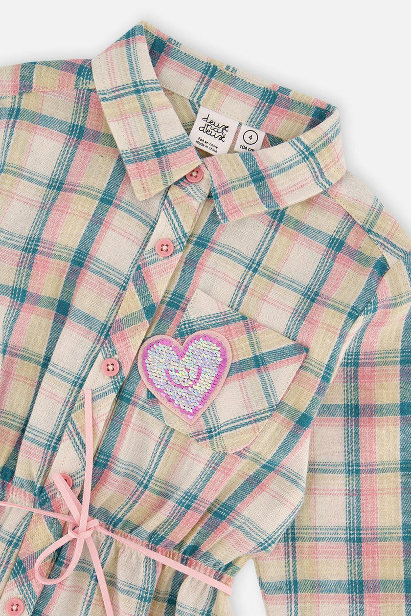 Shirt Dress with Belt Green and Pink Plaid