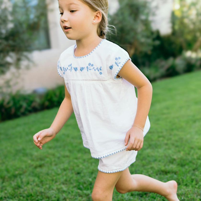 girls white embroidered cap sleeve top and short set
