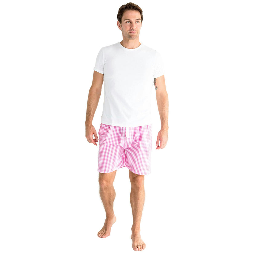 Men's Hepburn Gingham Pink Sleep Shorts - Organic Cotton Poplin