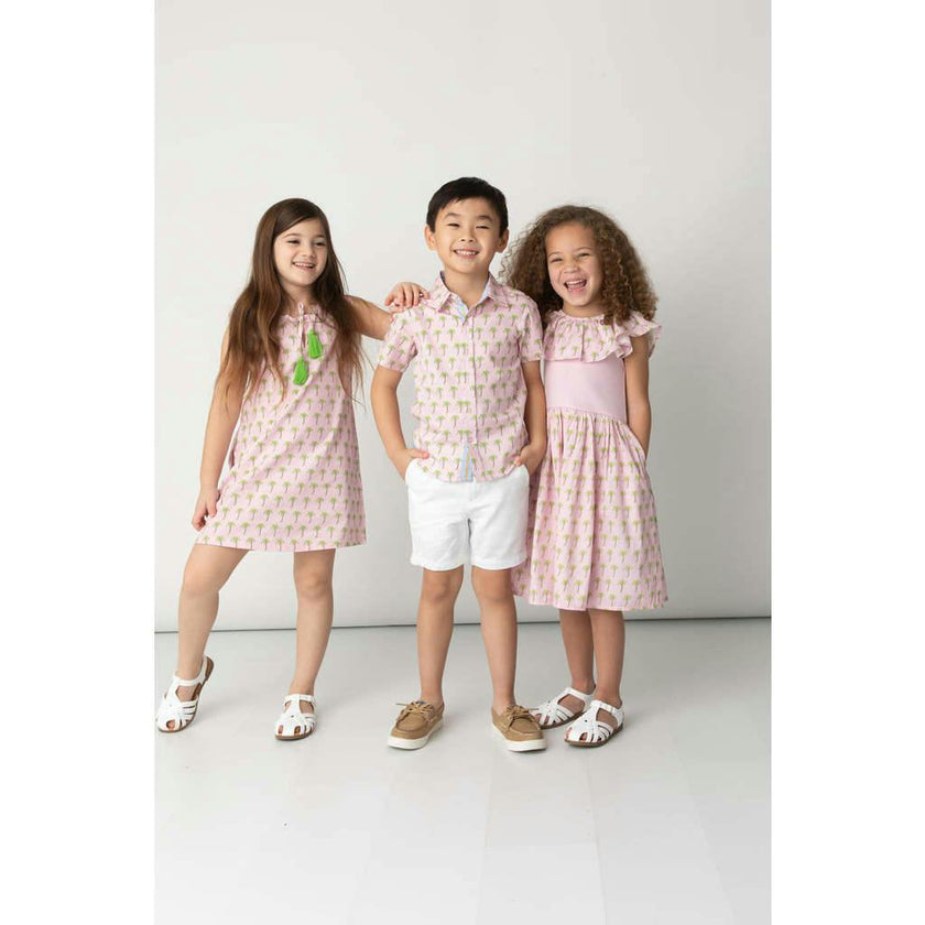 Pink Palms Mixed Fabric Ruffle Dress