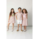Pink Palms Mixed Fabric Ruffle Dress