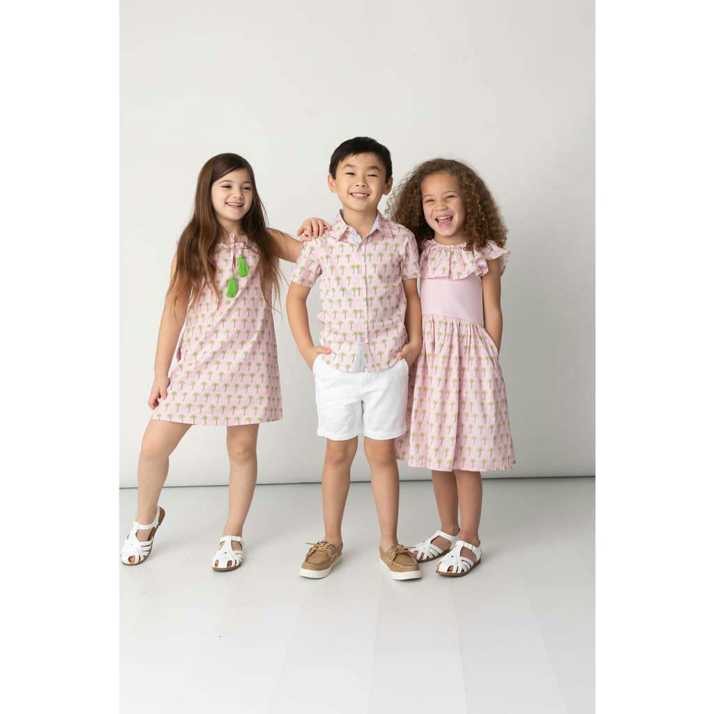 Pink Palms Mixed Fabric Ruffle Dress