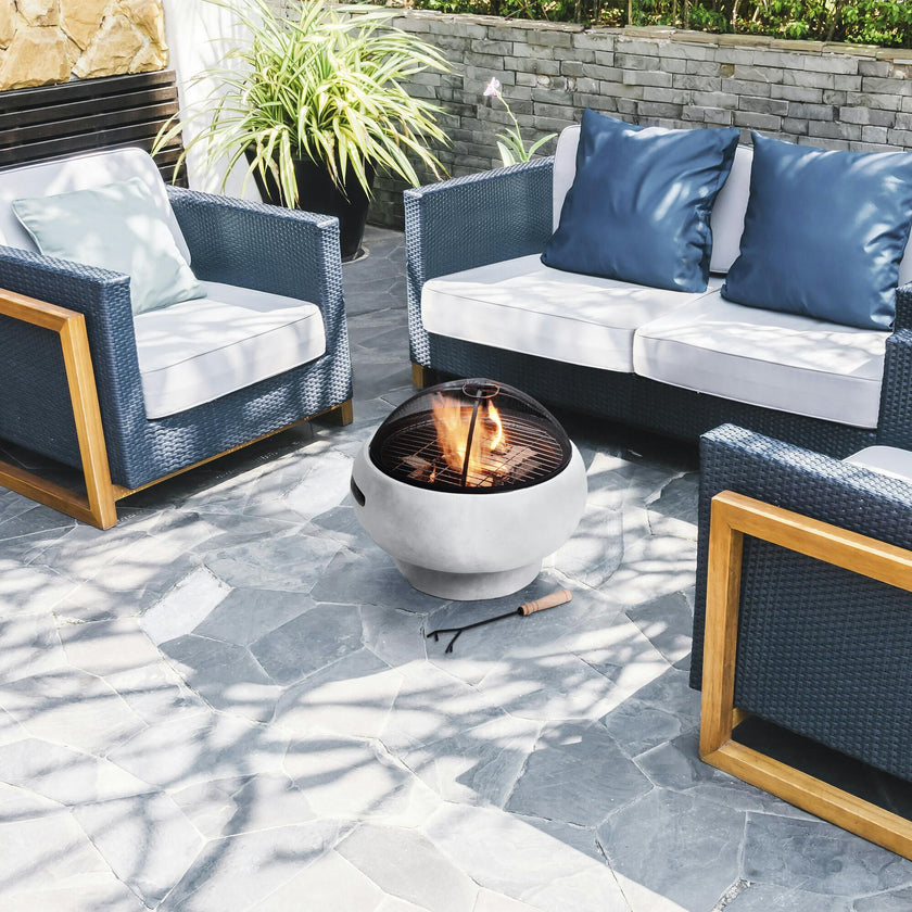 21" Outdoor Round Stone Wood Burning Fire Pit with Faux Concrete Base