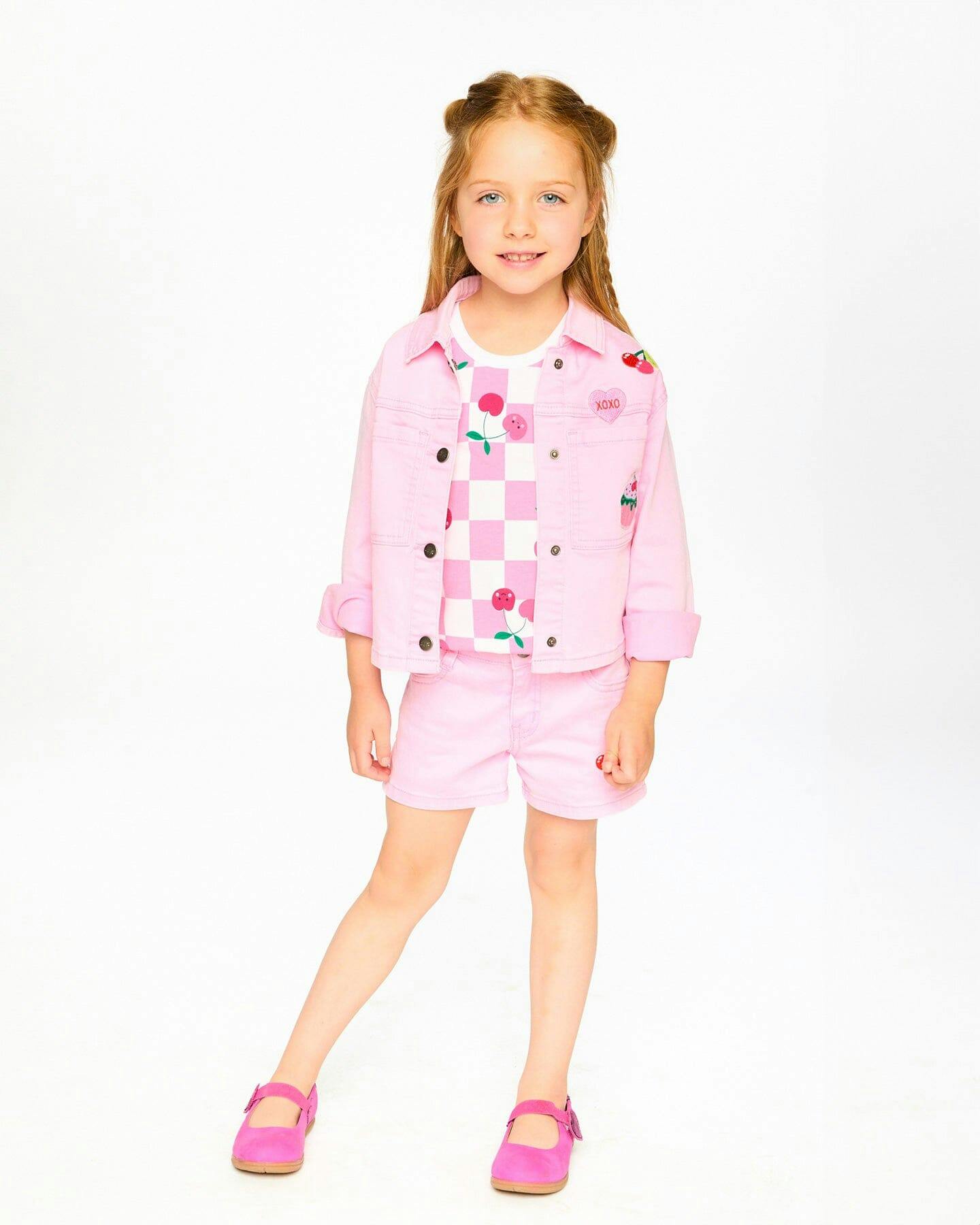 Pink Denim Jacket With Embroidered Patches