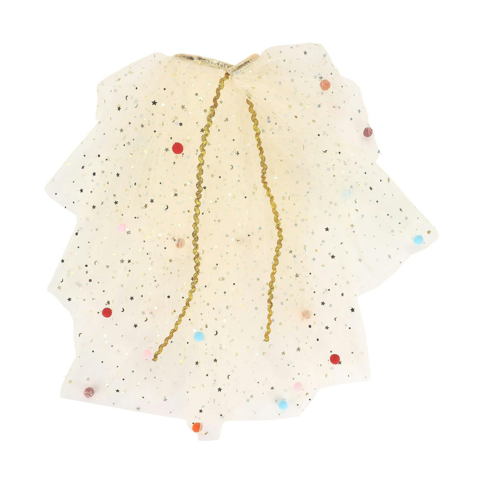 Tulle Celebrations Cape with Multicolor Pom Poms and Gold Glitter Stars