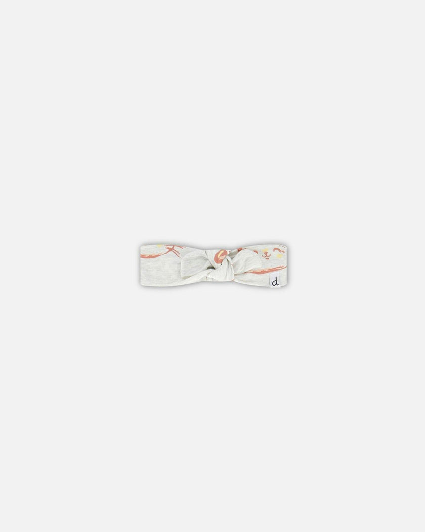 Organic Cotton Headband Heather Beige With Printed Cat