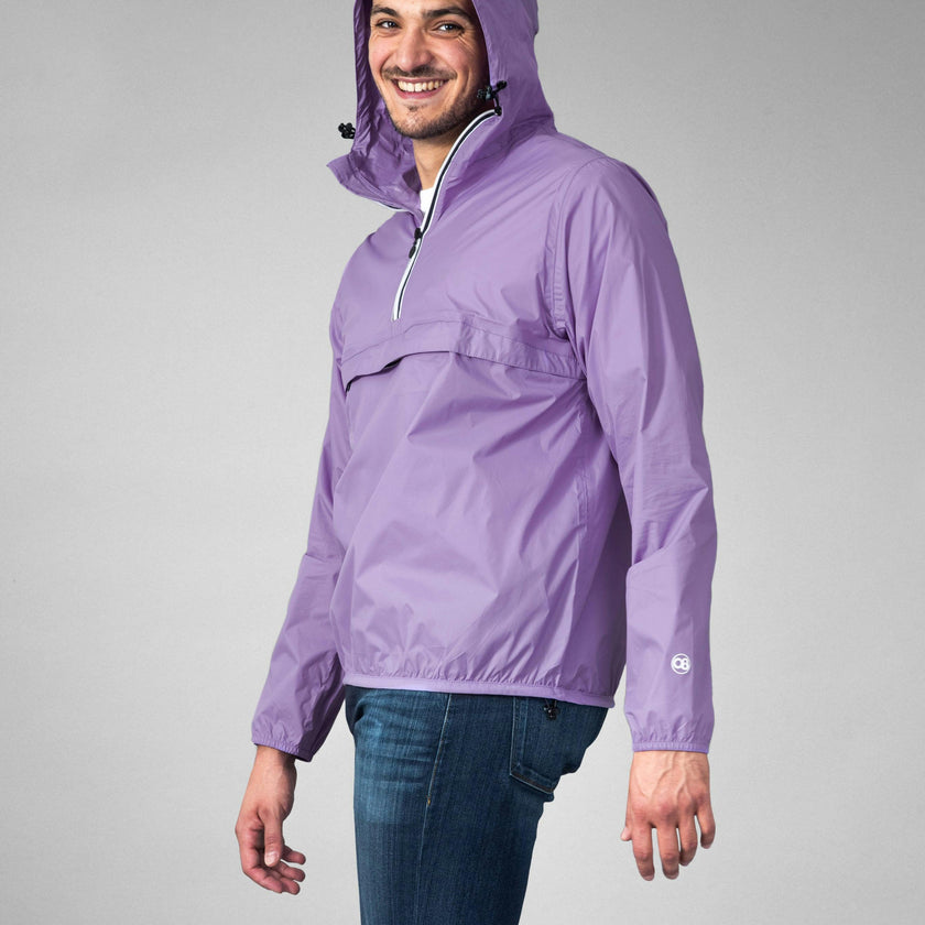 Light purple quarter zip packable rain jacket and windbreaker
