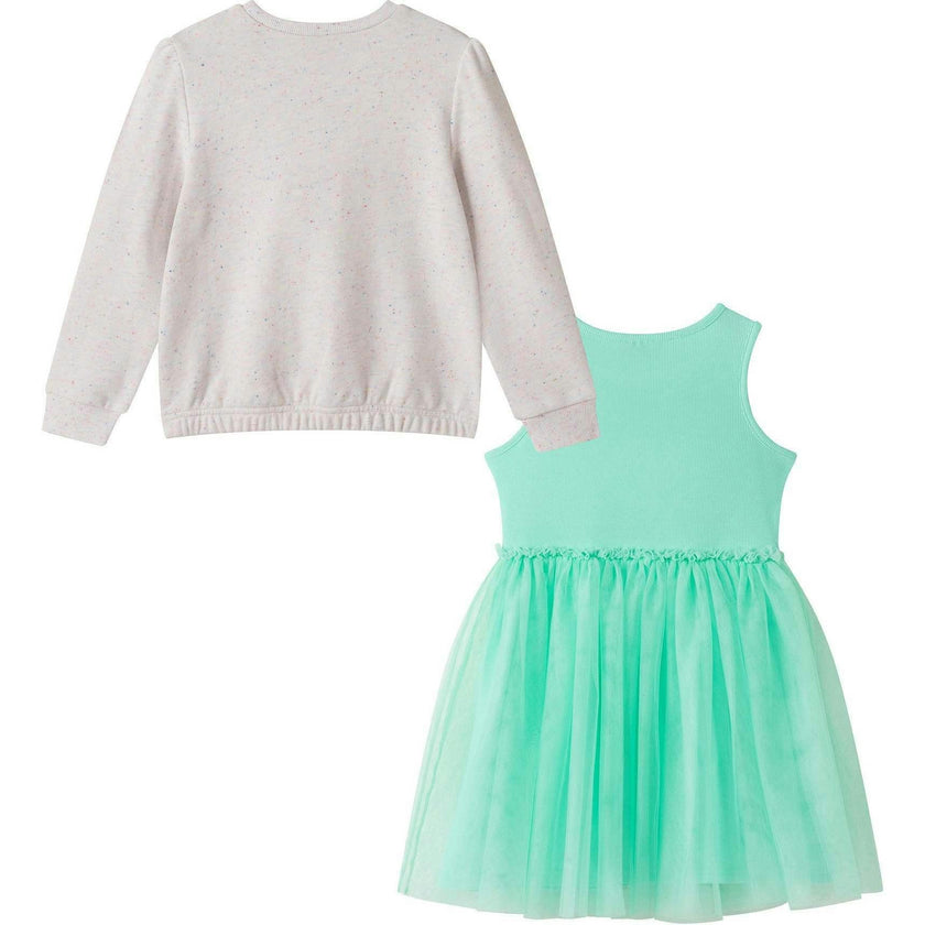 Girls Chenille Floral Sweatshirt & Tulle Tank Dress Set | Aqua