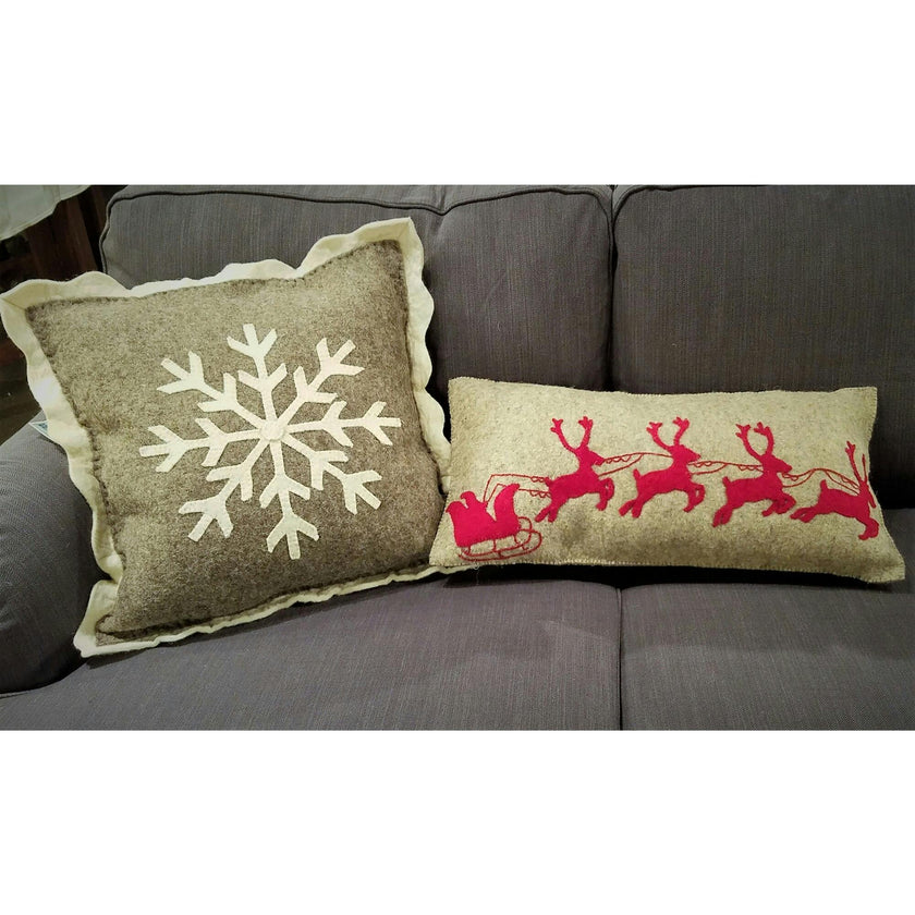 Handmade Christmas Pillow Hand Felted Wool - Red Reindeer Gray - 12"x24"