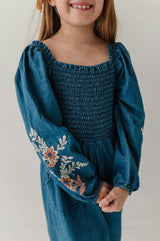 Girls Smocked Embroidery Jumpsuit in Chambray Embroidery