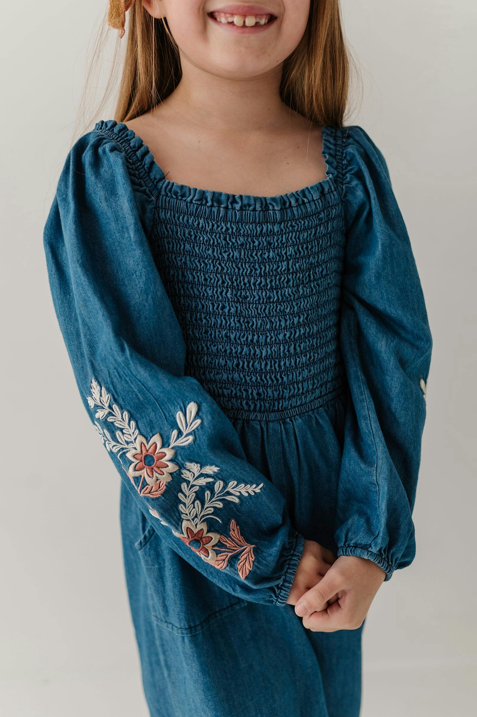 Girls Smocked Embroidery Jumpsuit in Chambray Embroidery