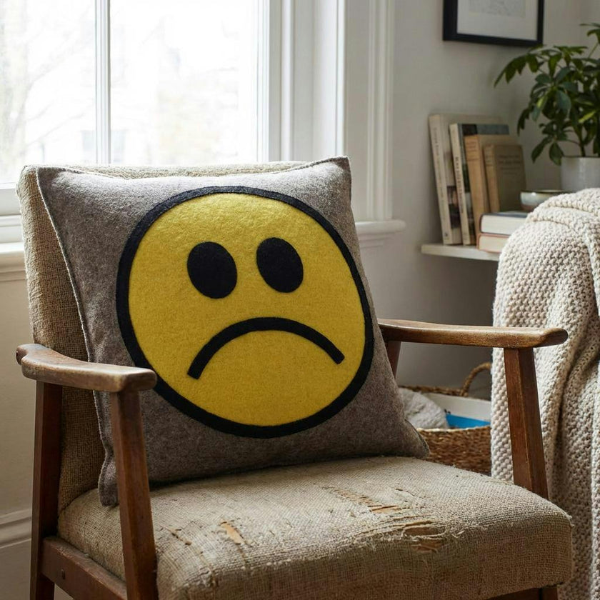 Hand Felted Wool Happy Sad Face Pillow - 20"