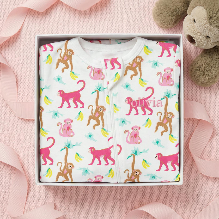 The Organic Zipper Footie [Monkeying Around Pink]
