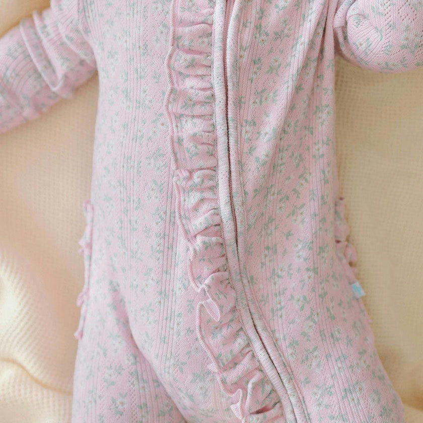 Andina Rose Pointelle Footie Ruffled Zippered One Piece