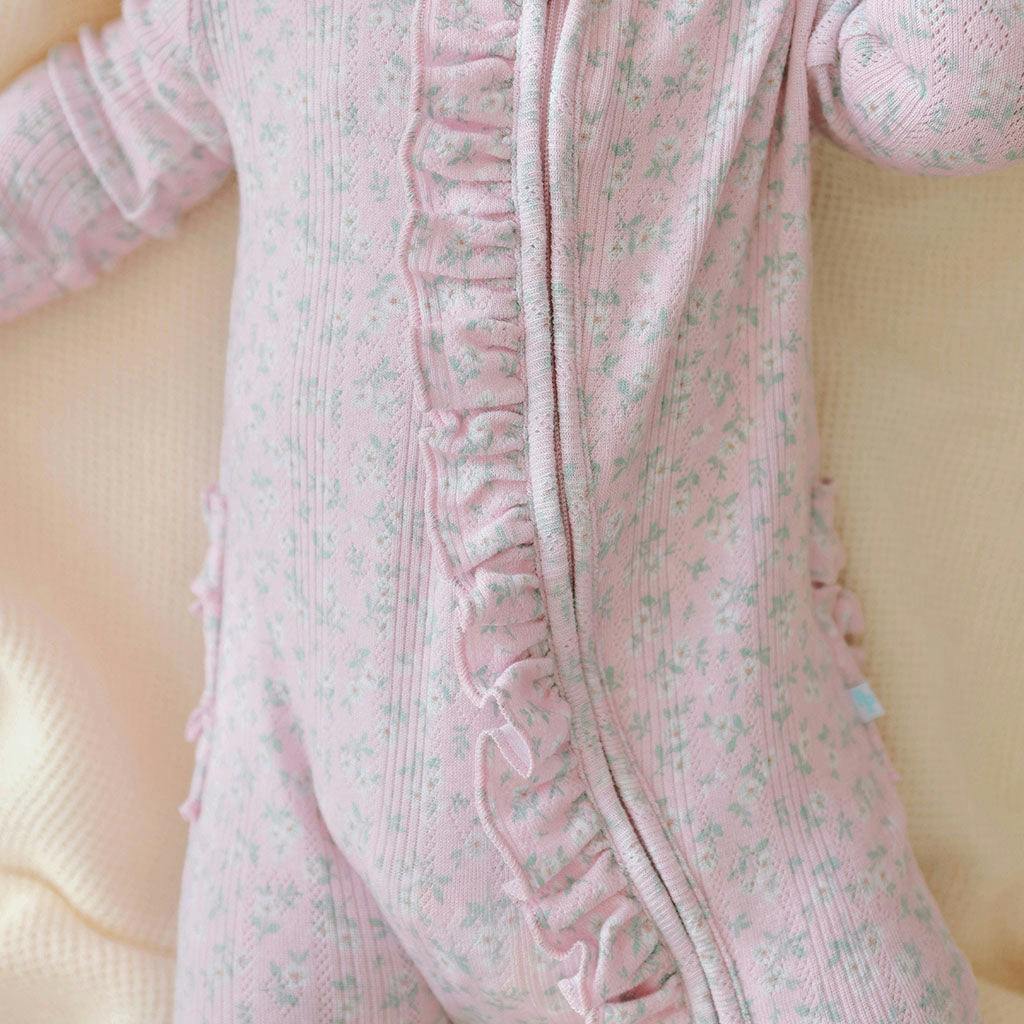 Andina Rose Pointelle Footie Ruffled Zippered One Piece