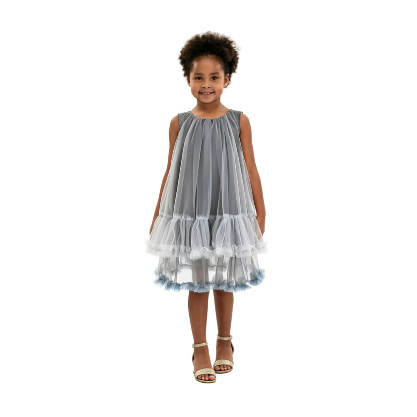 Gray Tulle Ruffle Dress