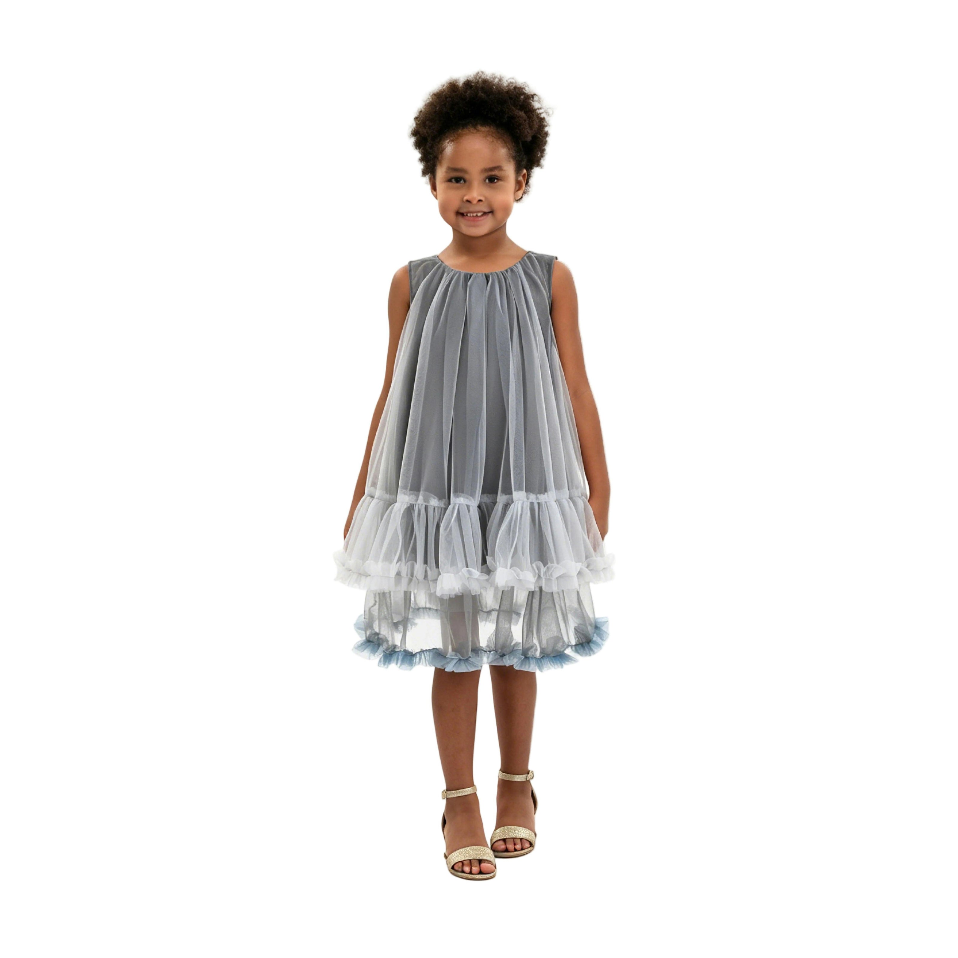 Gray Tulle Ruffle Dress