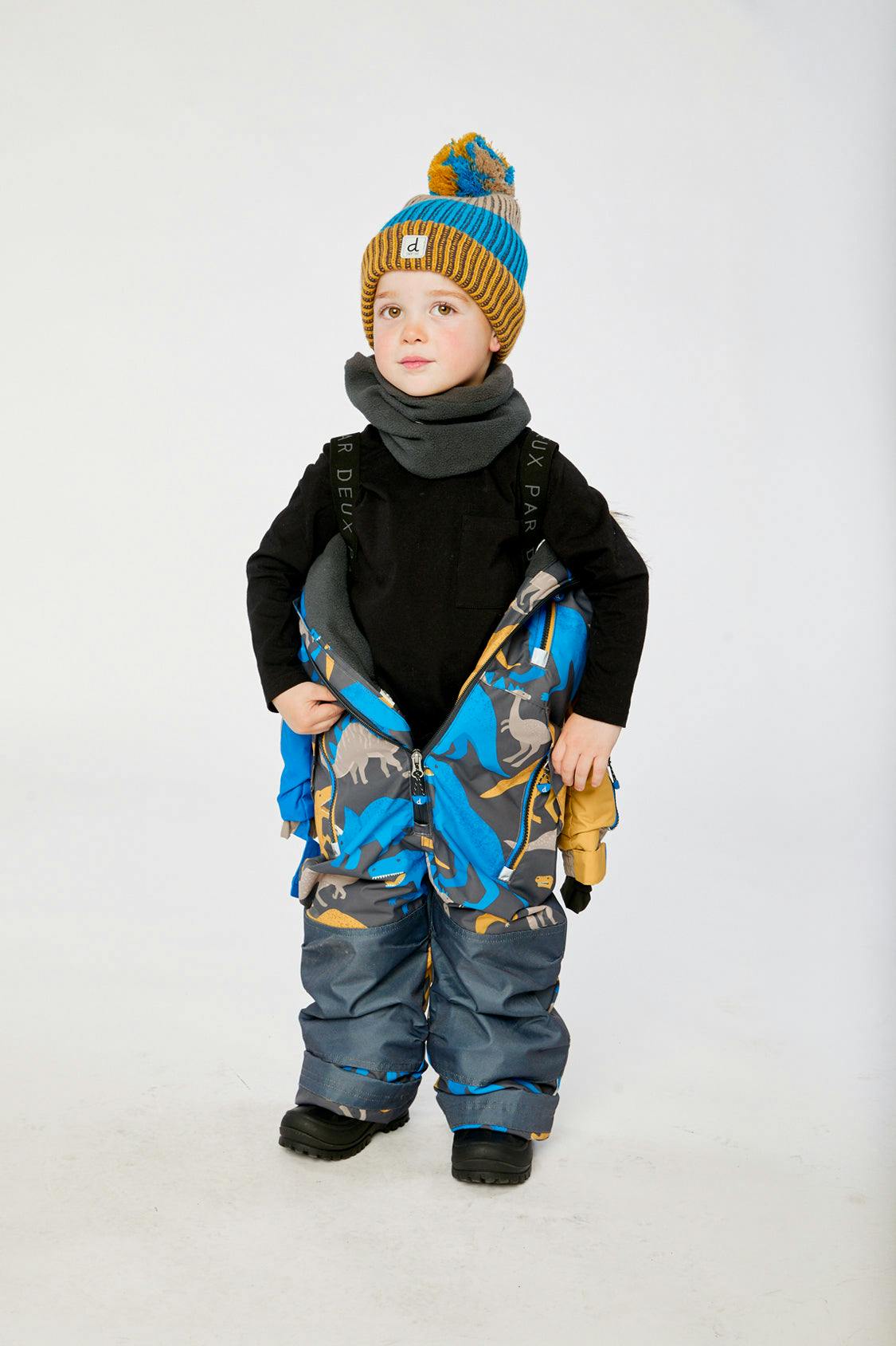 Kids One Piece Play Snowsuit Grey And Blue Dinosaur Print