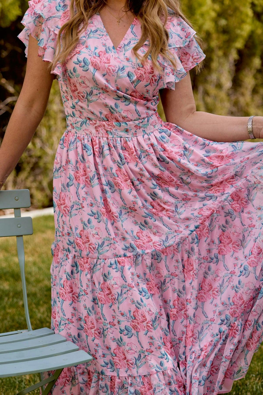 Trixie Dress in Pink Sketched Flower Chiffon